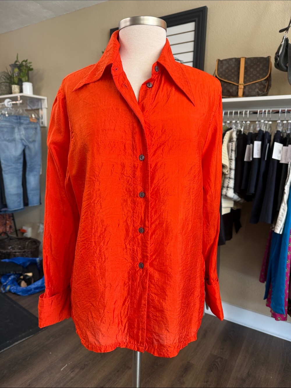 Alix Of Bohemia Bright Orange Crinkle Silk Button Up Blouse Size M